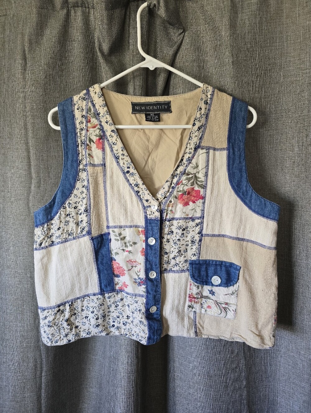 New Identity Floral Patchwork Vest in Blue and Cream Vtg 90s Size XL